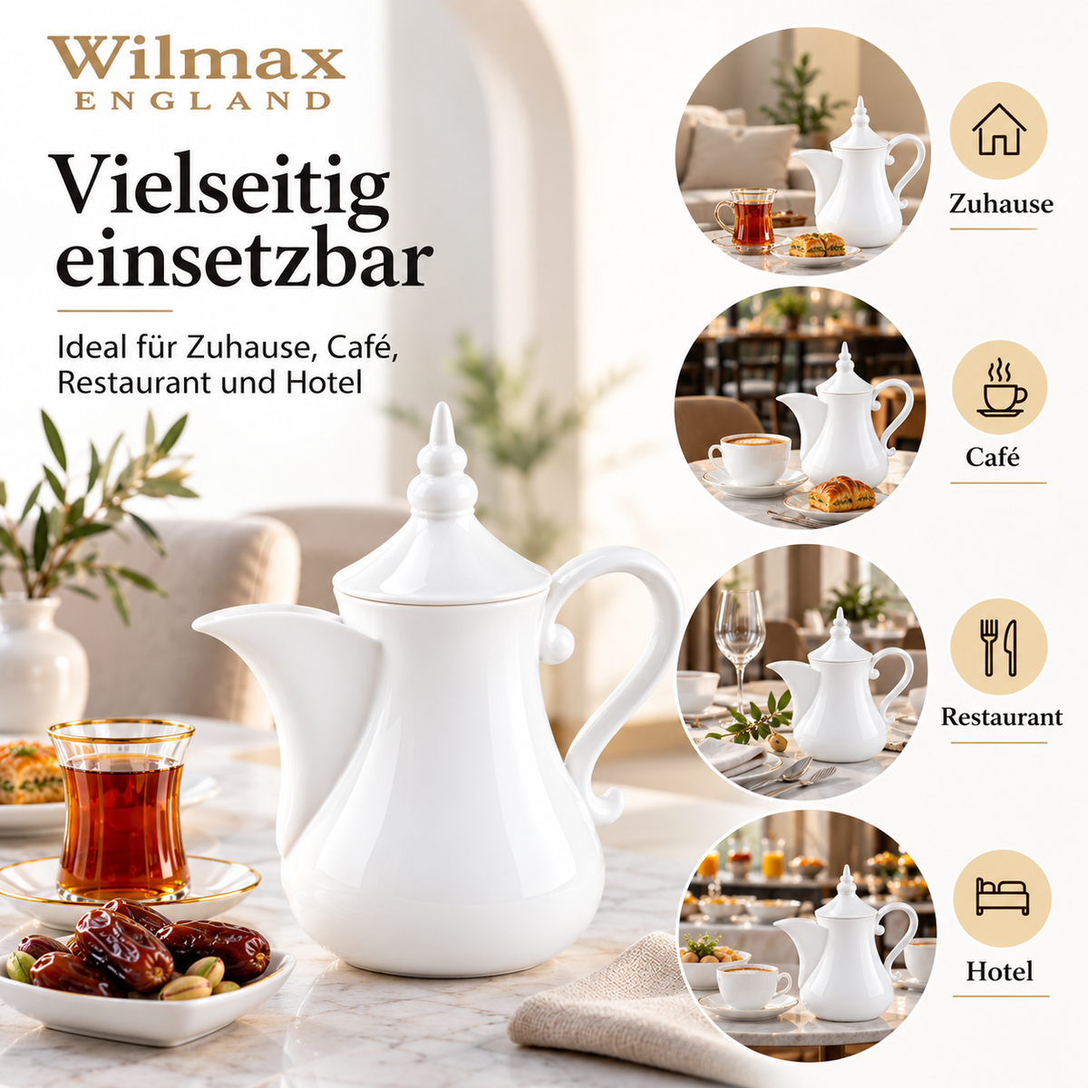 Wilmax Arabische Kaffee- und Teekanne mit integriertem Ausgusssieb 1000 ml Weiß aus Porzellan