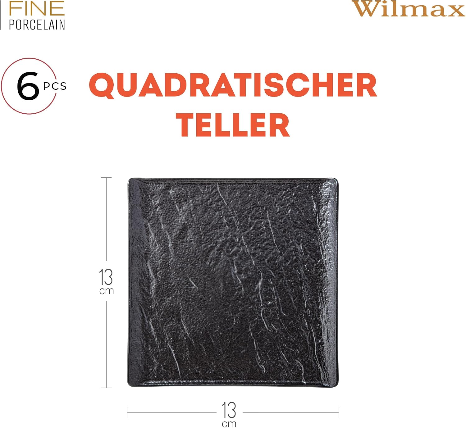 Wilmax Quadratische Servierplatte 13 × 13 cm 6er-Set Schwarz aus Porzellan