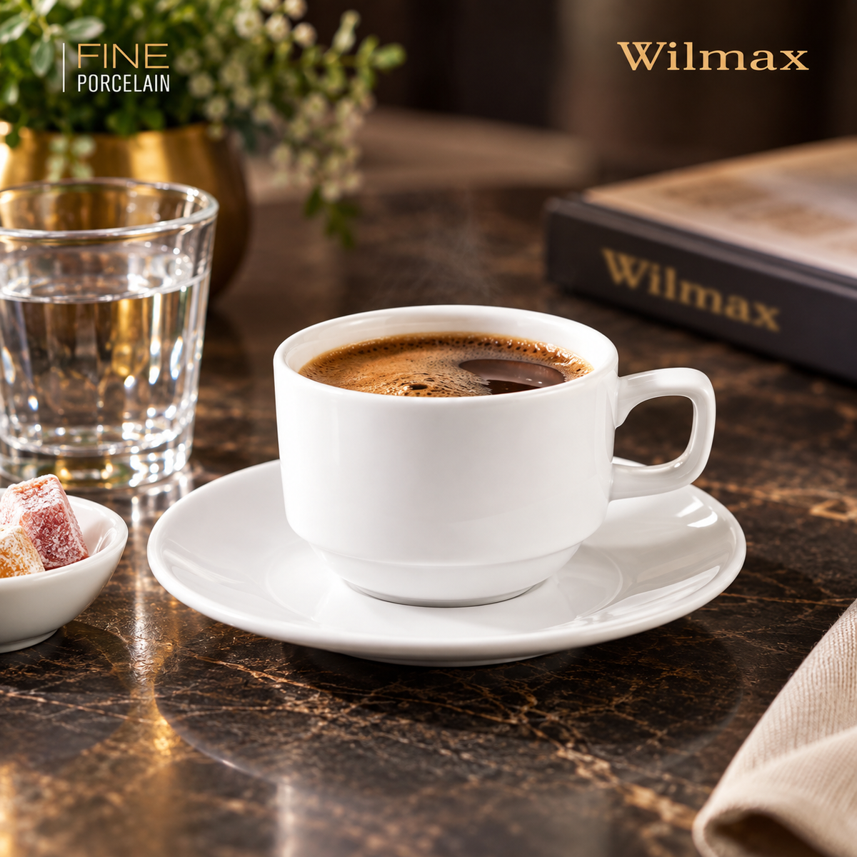 Wilmax Kaffeetassen mit Untertassen 140 ml 6er-Set Weiß aus Porzellan