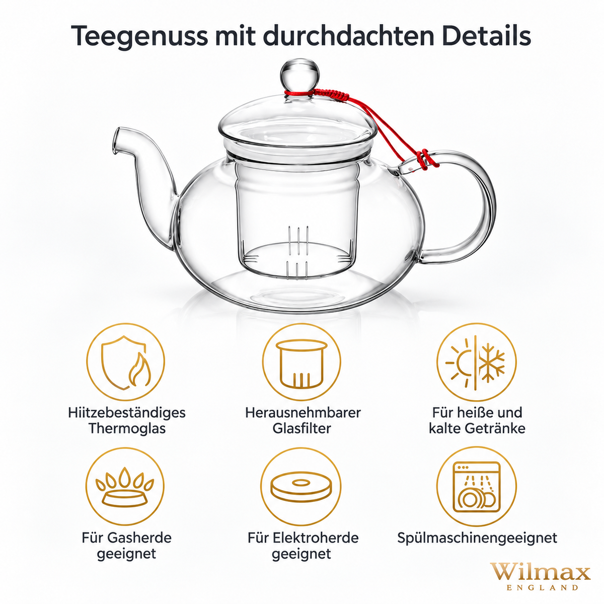 Wilmax Teekanne 770 ml mit Glasfilter Transparent aus Thermoglas