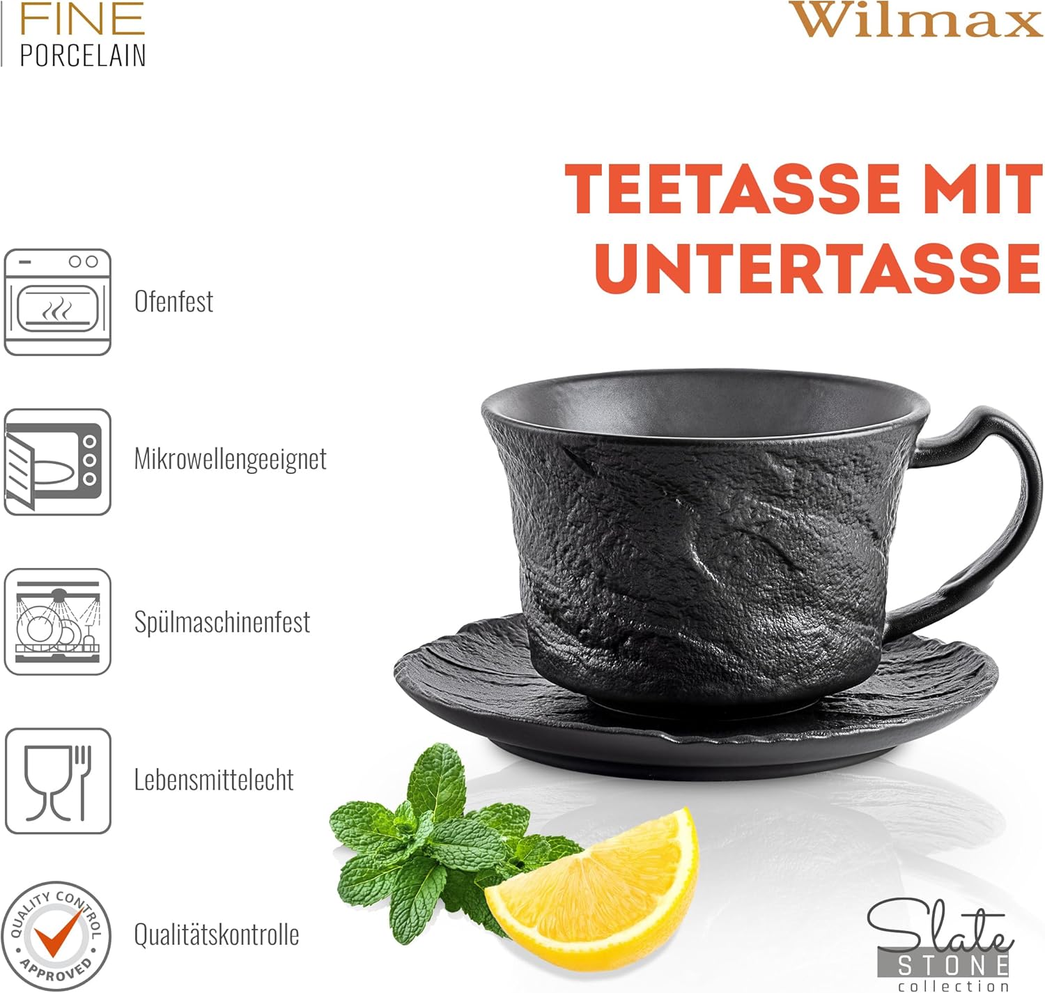 Wilmax Tasse mit Untertasse 180 ml 2er-Set Schwarz aus Porzellan