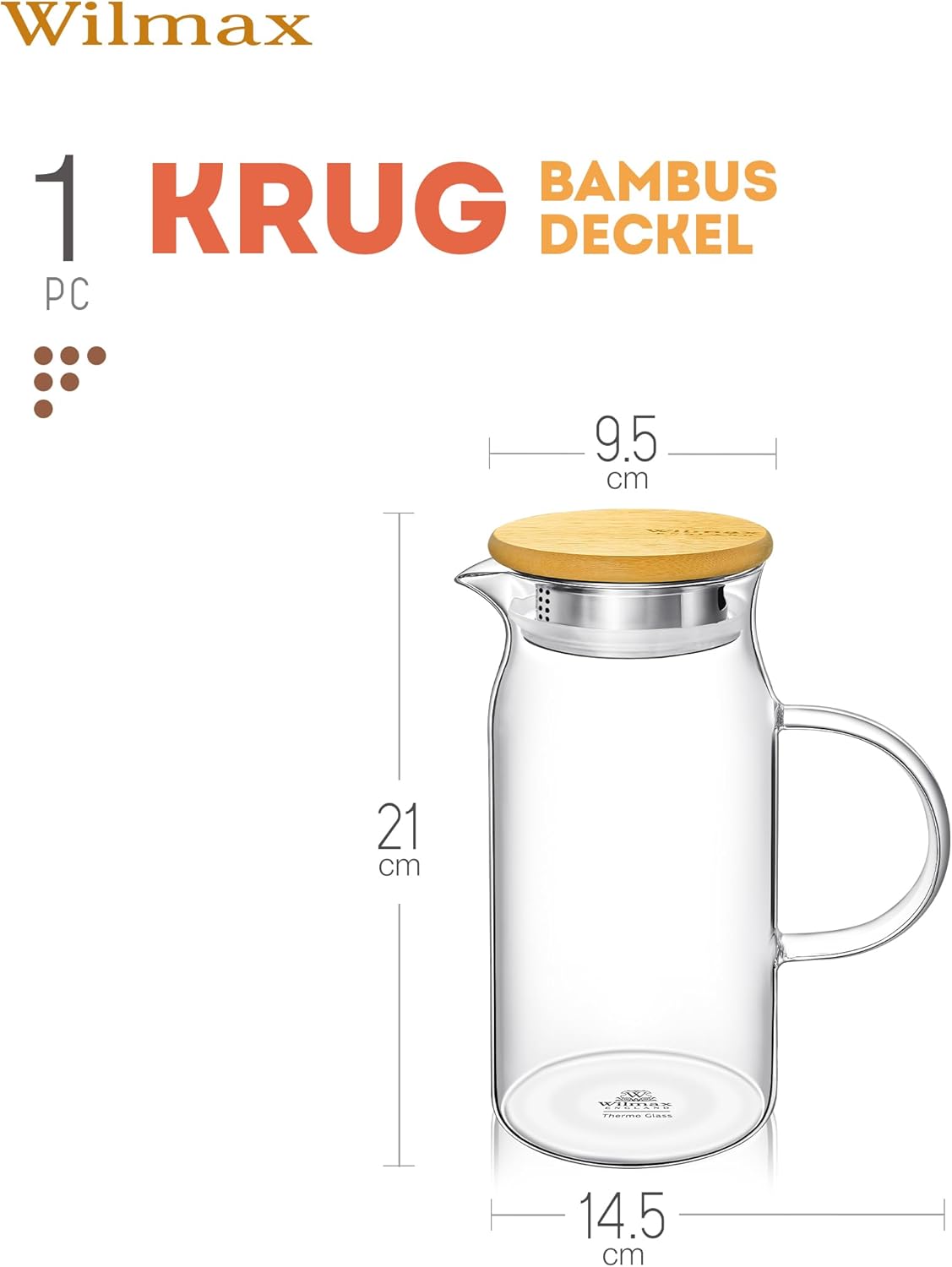 Wilmax Krug 1000 ml mit Bambusdeckel Transparent aus Thermoglas