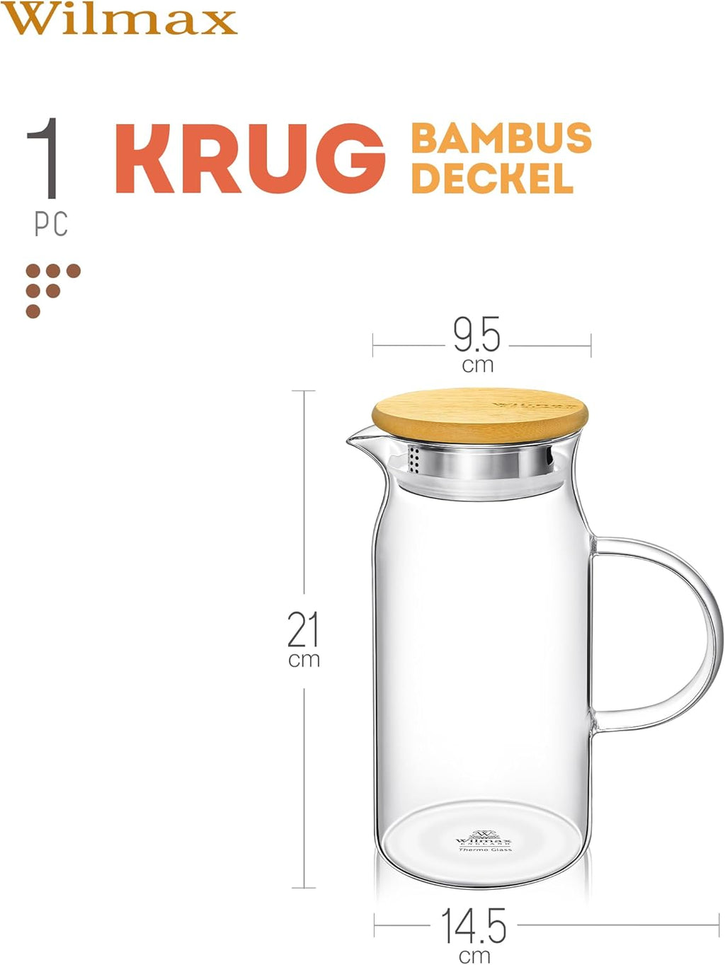 Wilmax Krug 1000 ml mit Bambusdeckel Transparent aus Thermoglas