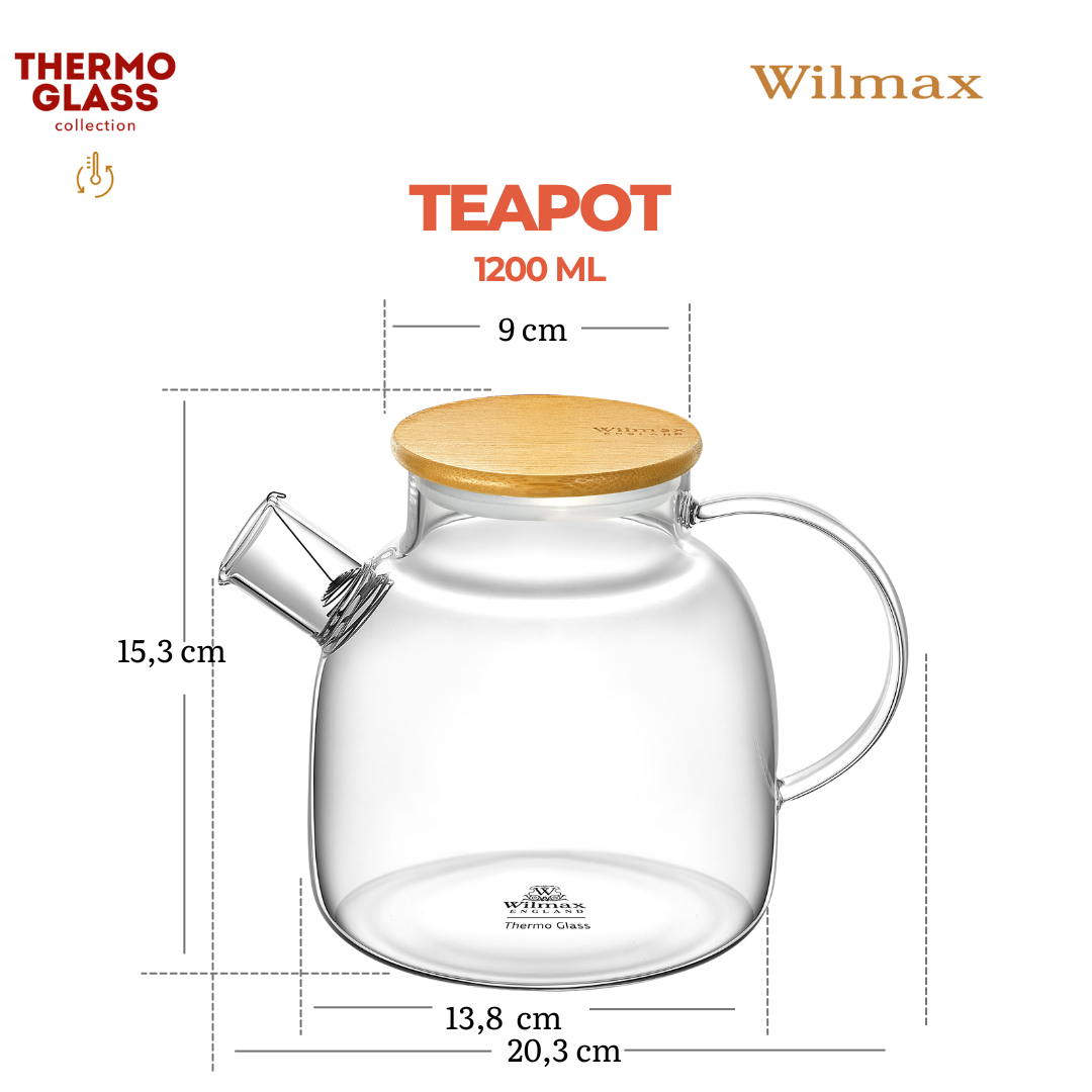 Wilmax Teekanne 1200 ml mit Bambusdeckel Transparent aus Thermoglas