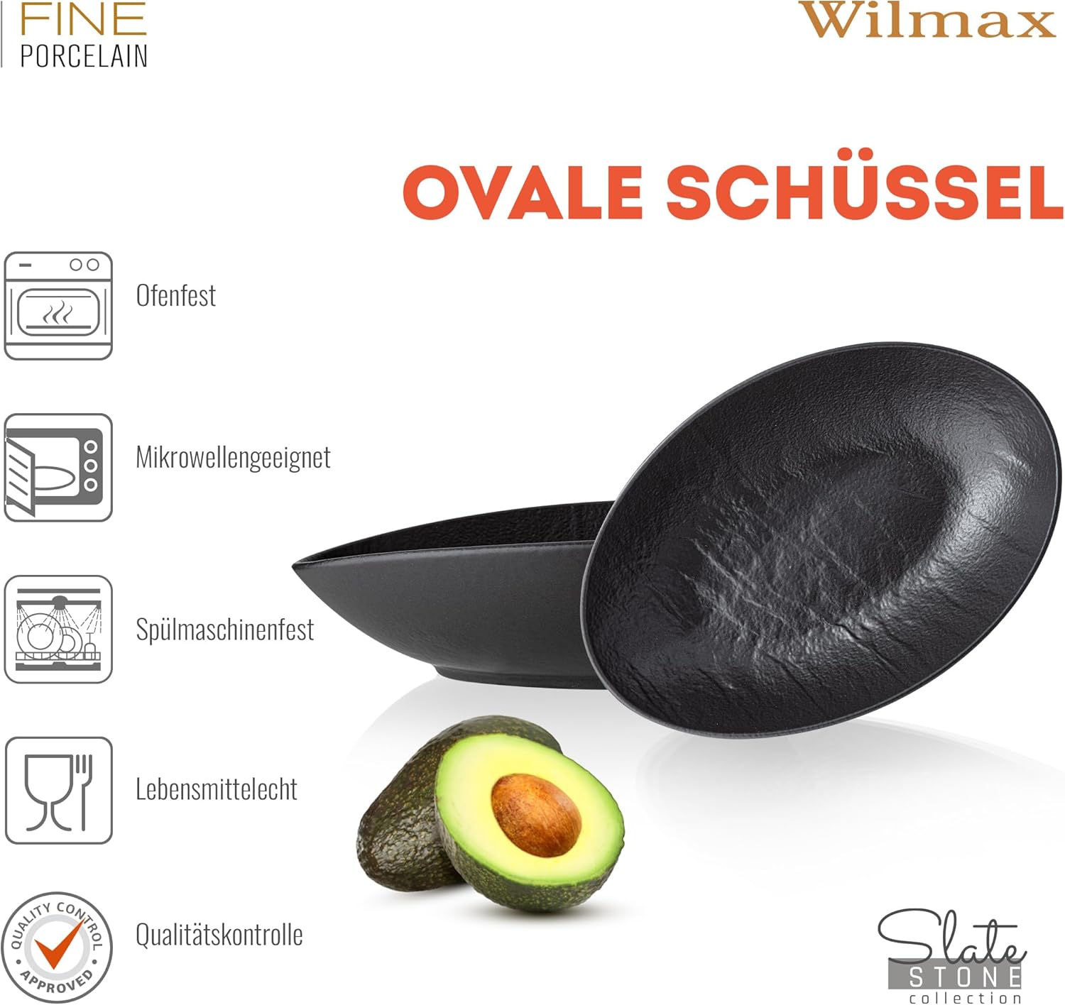 Wilmax Ovale Servierschale 25 × 16,5 × 6 cm Schwarz aus Porzellan