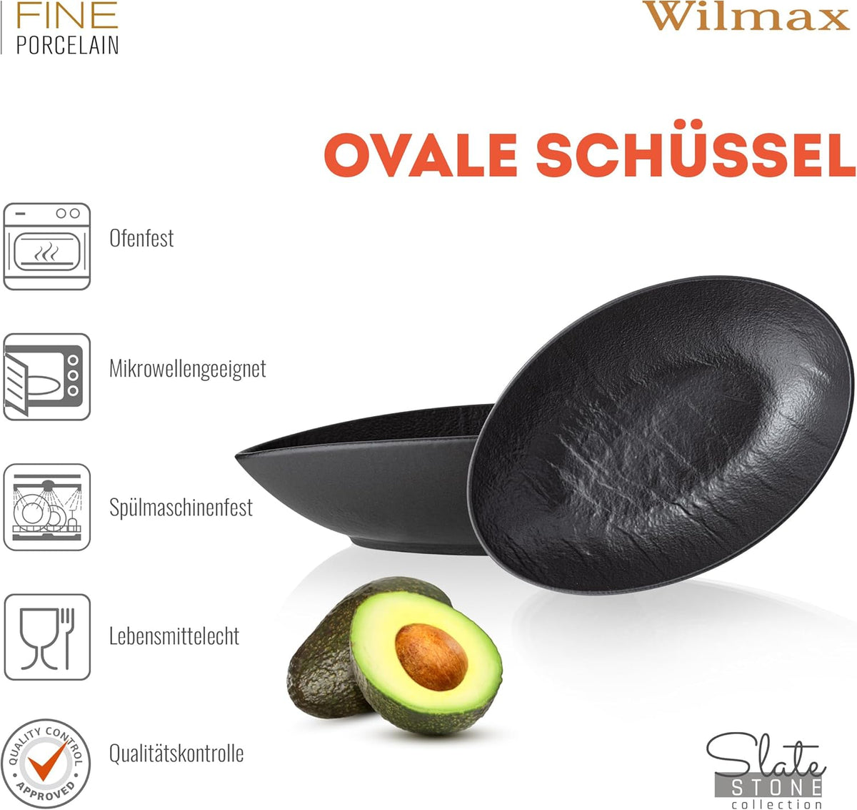 Wilmax Ovale Servierschale 25 × 16,5 × 6 cm Schwarz aus Porzellan