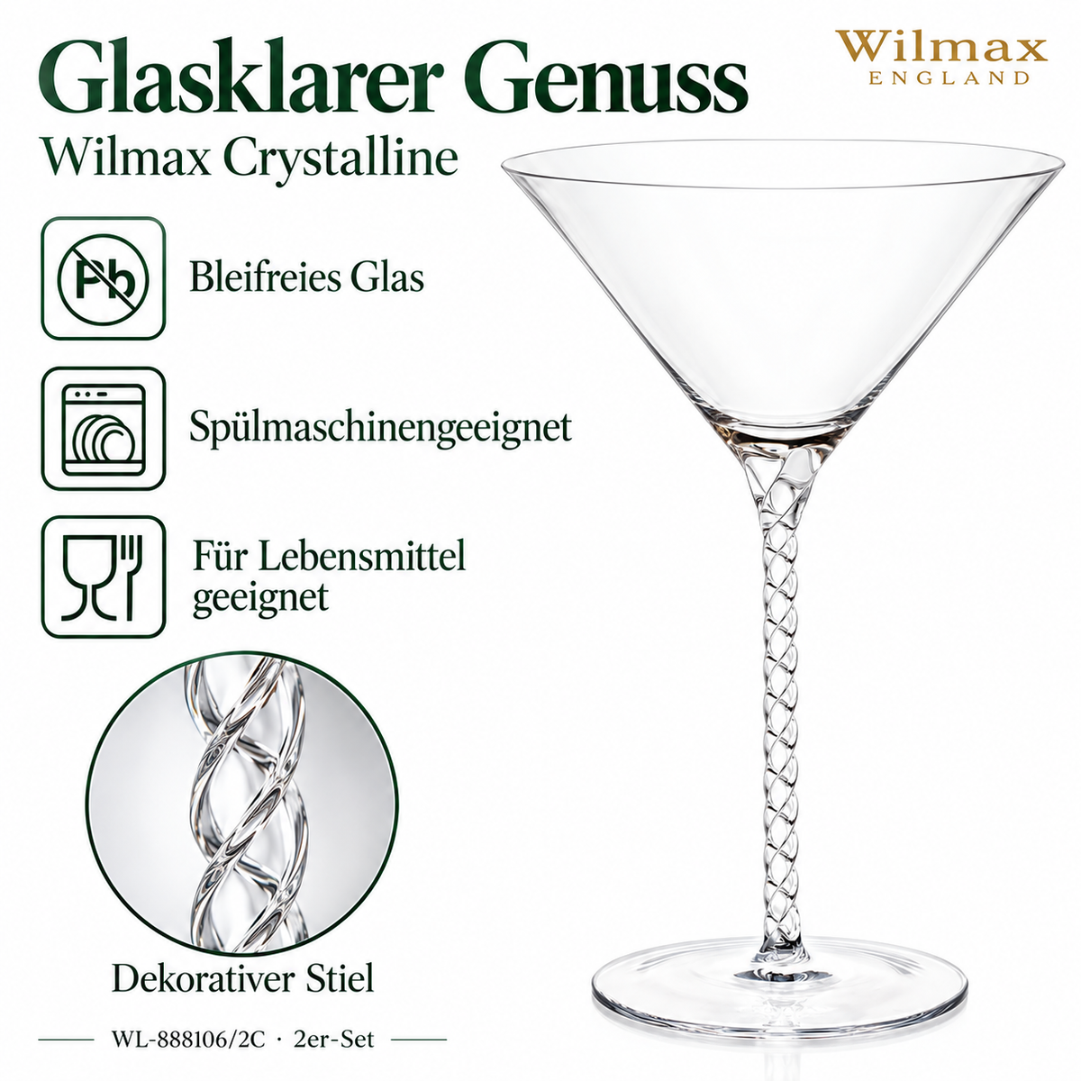 Wilmax Martiniglas 200 ml 2er-Set Transparent aus Wilmax Crystalline-Serie