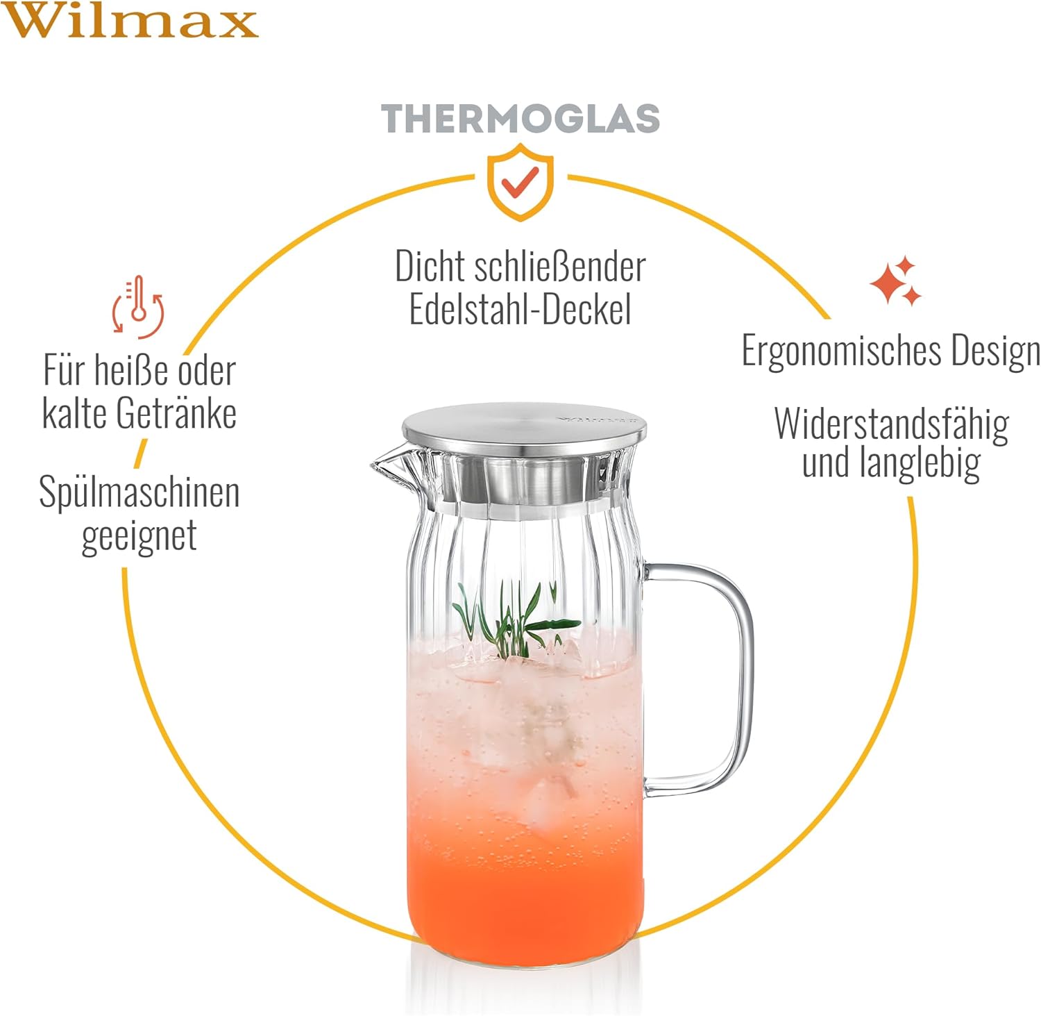 Wilmax Krug 1000 ml mit Edelstahldeckel Transparent aus Thermoglas