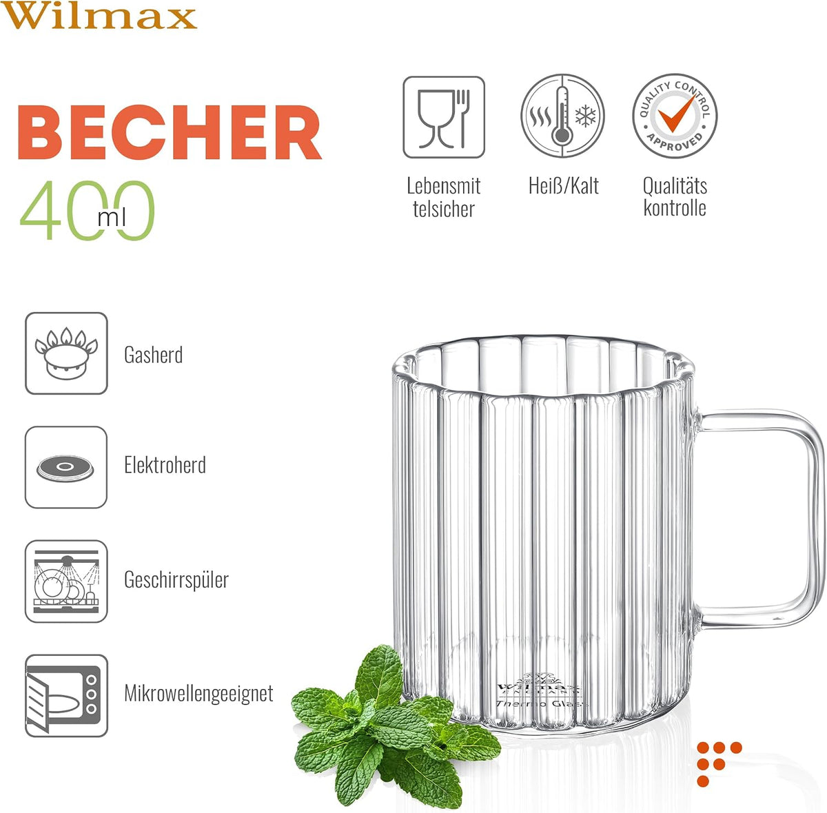 Wilmax Hitzebeständiger Glasbecher mit Henkel 400 ml 6er-Set aus Glas