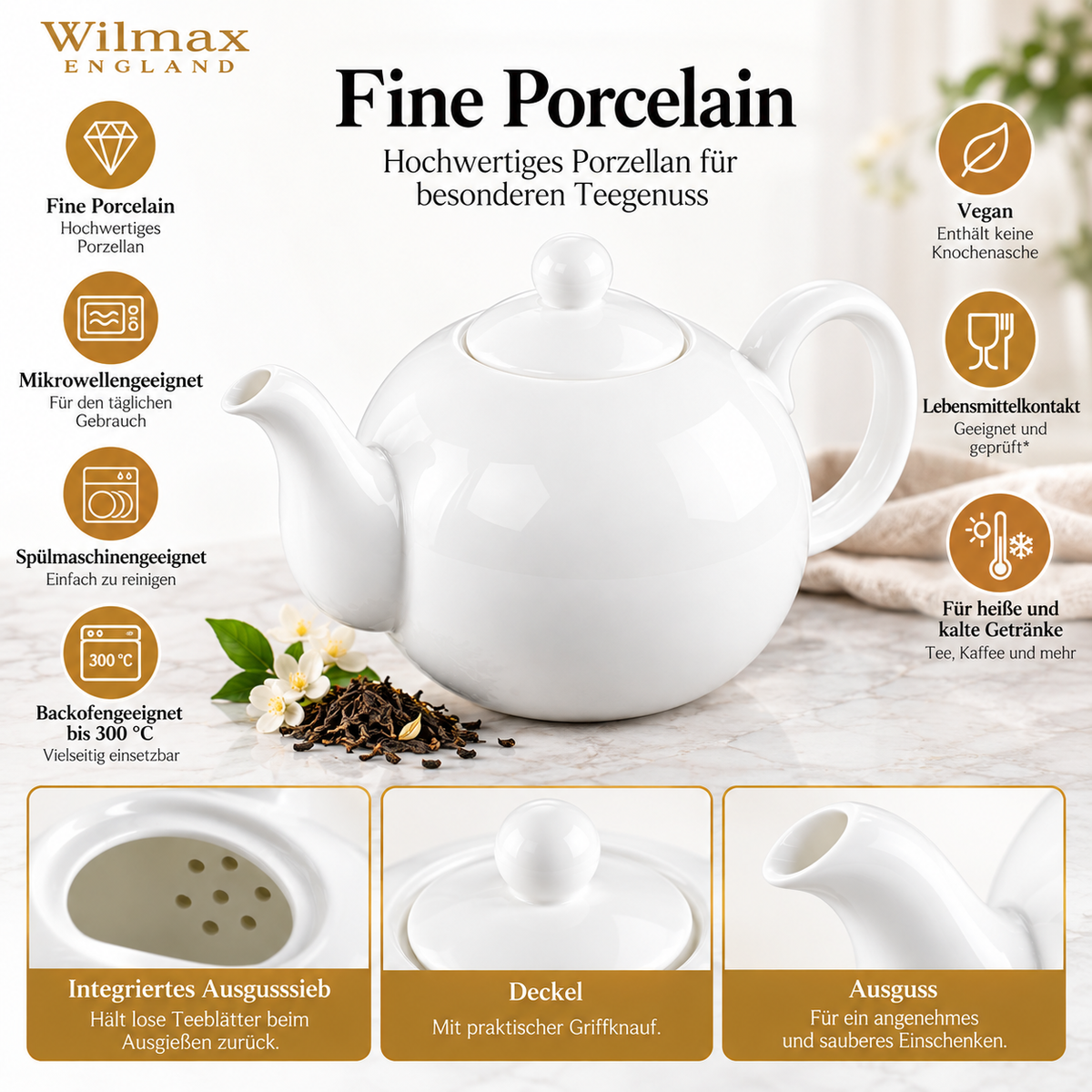 Wilmax Kaffee- und Teekanne mit integriertem Ausgusssieb 2150 ml Weiß aus Porzellan