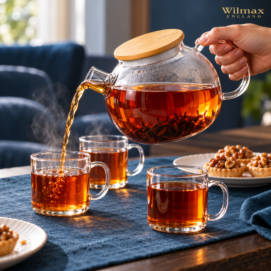 Wilmax Teekanne 1500 ml mit Federfilter und Bambusdeckel Transparent aus Thermoglas