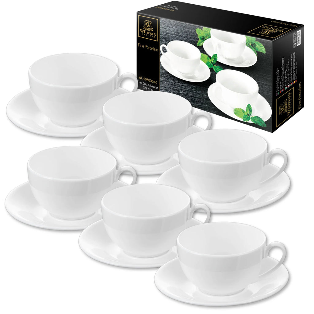 Wilmax Tasse mit Untertassen 250 ml 6er-Set Weiß aus Porzellan