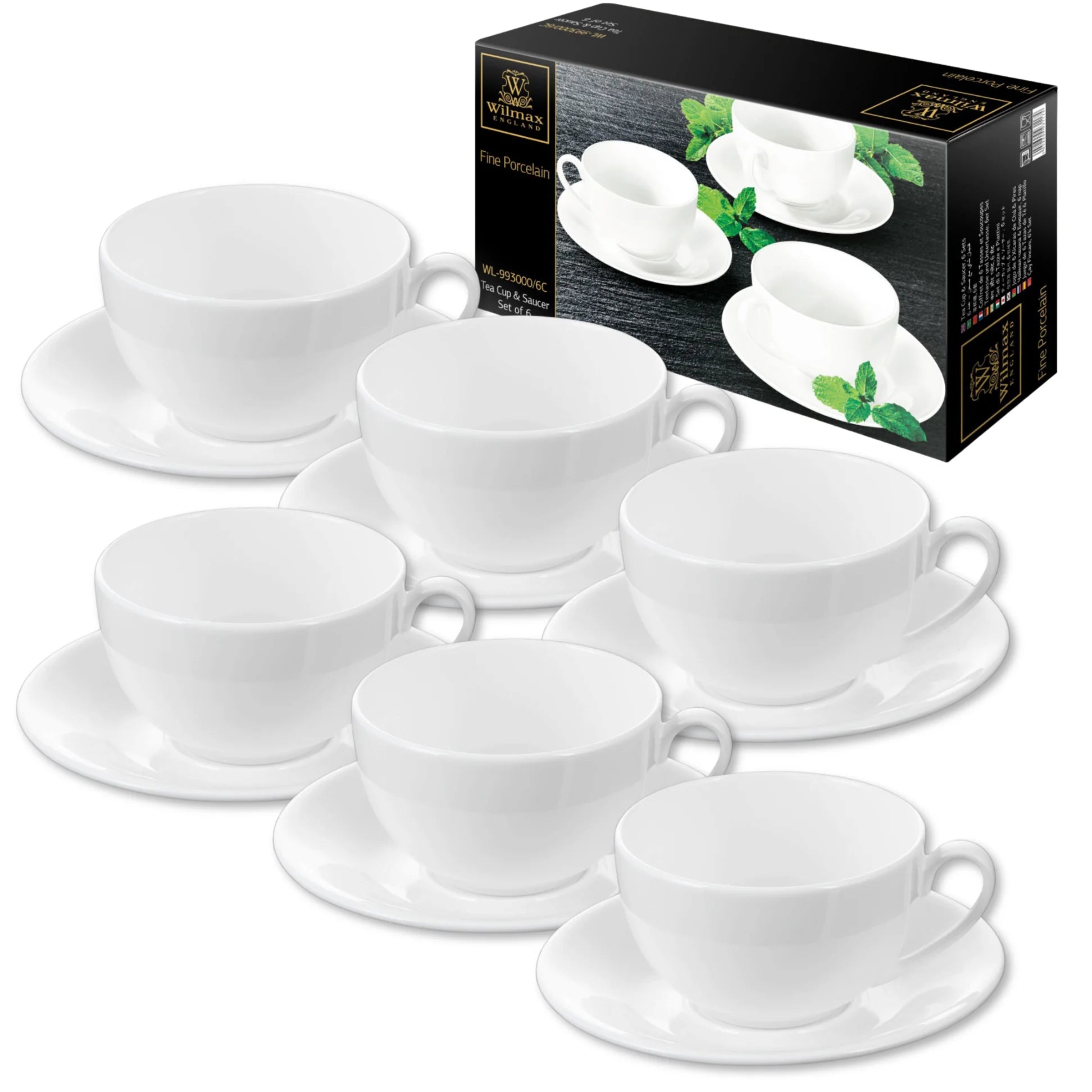 Wilmax Tasse mit Untertassen 250 ml 6er-Set Weiß aus Porzellan