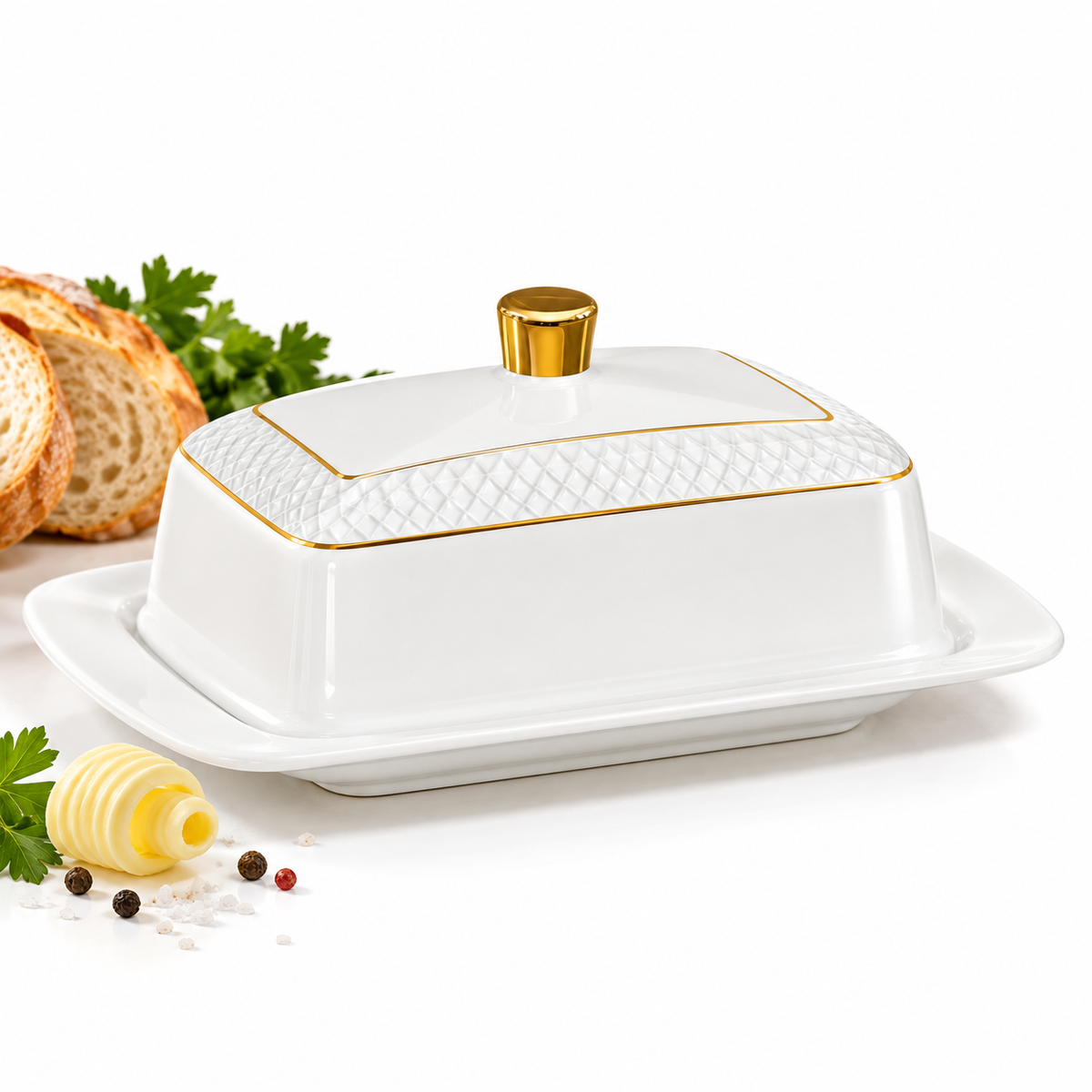Wilmax Butterdose 18,5 × 12,5 × 7,5 cm Weiß mit Goldrand aus Porzellan