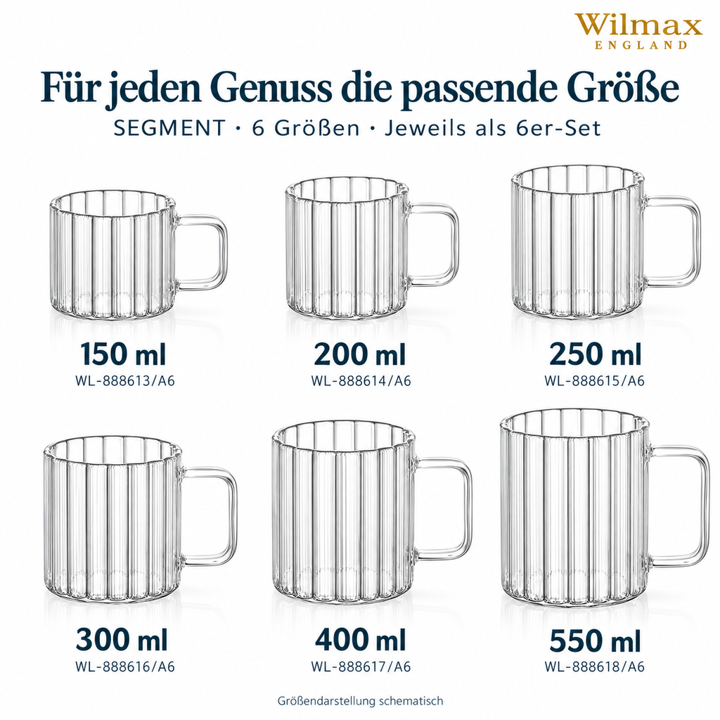 Wilmax Hitzebeständige Glastasse mit Henkel 250 ml 6er-Set aus Glas