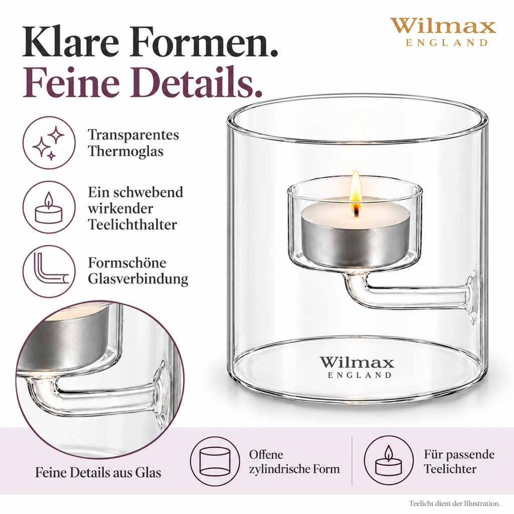 Wilmax Teelichthalter für 1 Teelicht 9 cm Transparent aus Glas