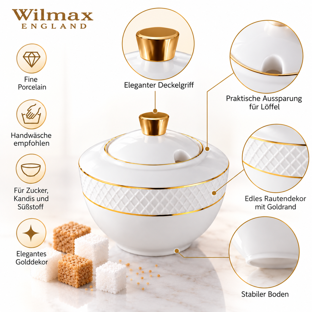 Wilmax Zuckerdose 340 ml Weiß mit Golddekor aus Porzellan