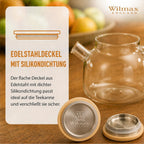 Wilmax Teekanne 1200 ml mit Bambusdeckel Transparent aus Thermoglas