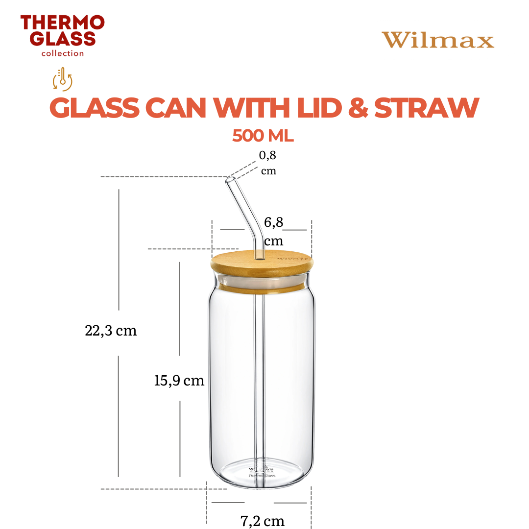 Wilmax Glasbecher 500 ml mit Deckel und Trinkhalm Transparent