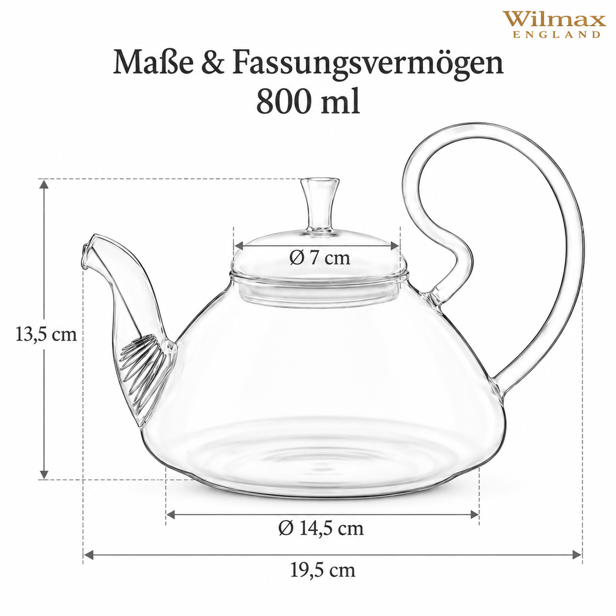 Wilmax Teekanne 800 ml mit Federfilter und Glasdeckel Transparent aus Thermoglas