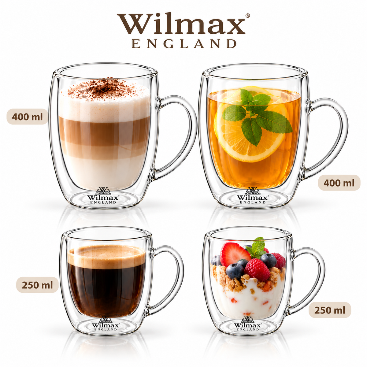 Wilmax Doppelwandiger Becher 4er-Set (2x 400 ml / 2x 250 ml) Transparent