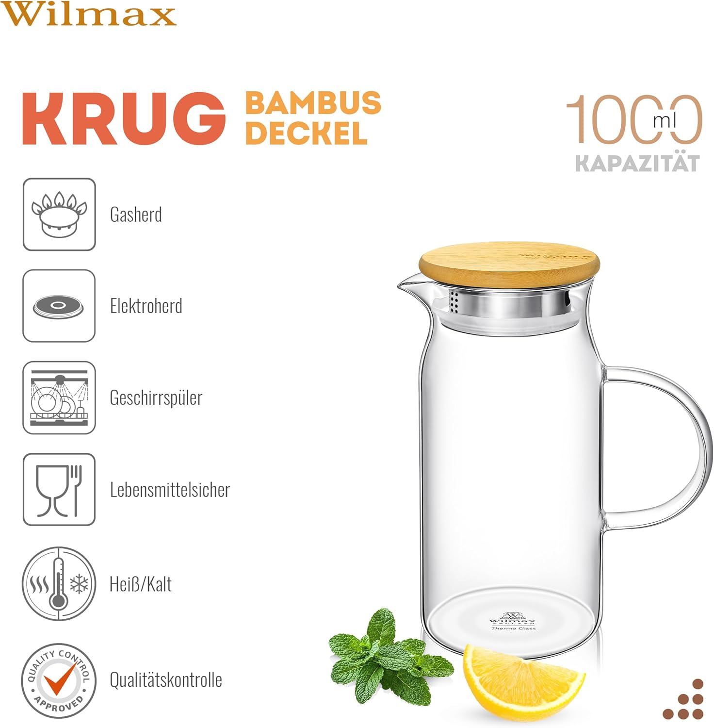 Wilmax Krug 1000 ml mit Bambusdeckel Transparent aus Thermoglas