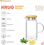 Wilmax Krug 1000 ml mit Bambusdeckel Transparent aus Thermoglas