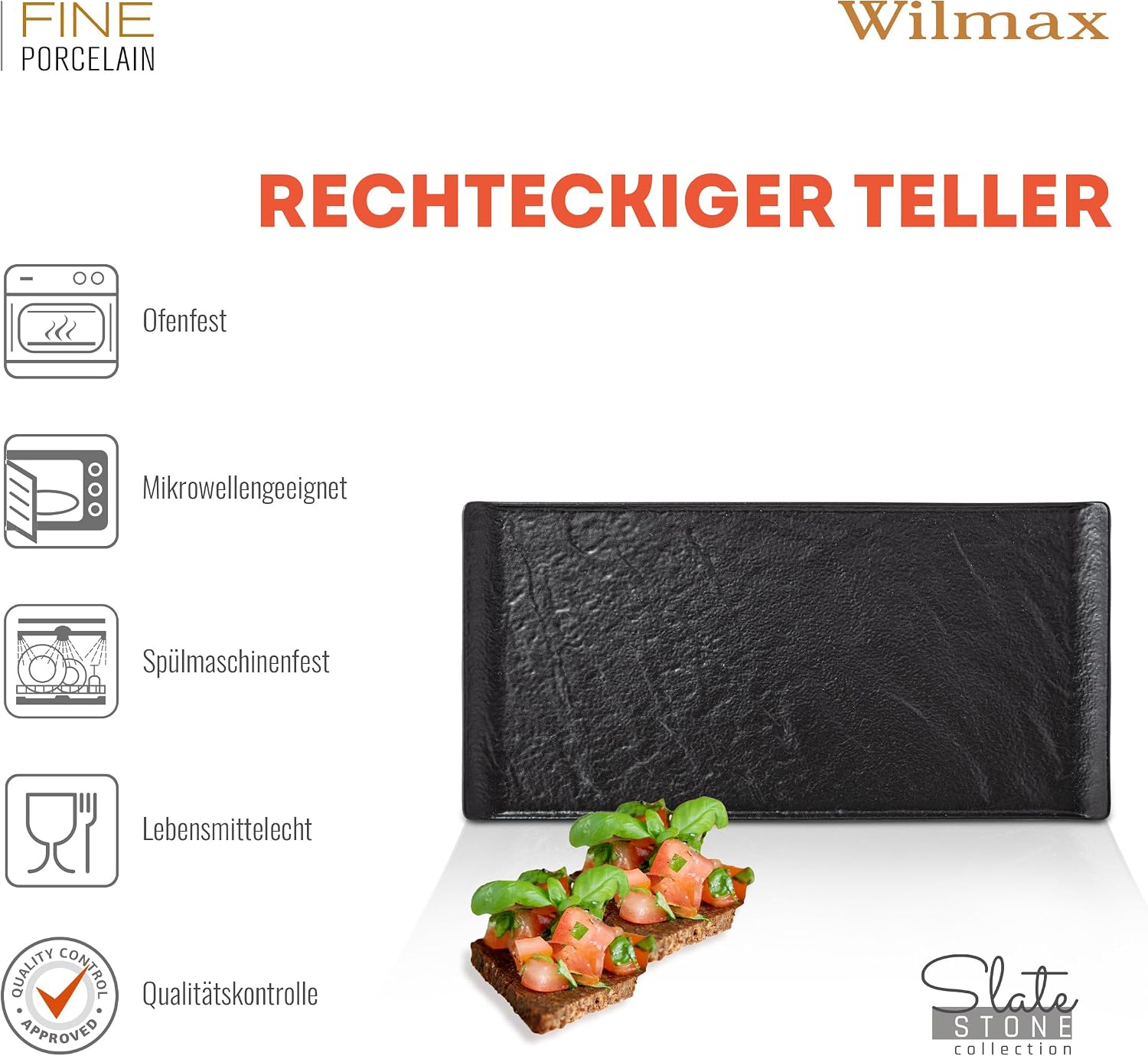Wilmax Servierplatte 29,5 × 14,5 cm 2er-Set Schwarz aus Porzellan