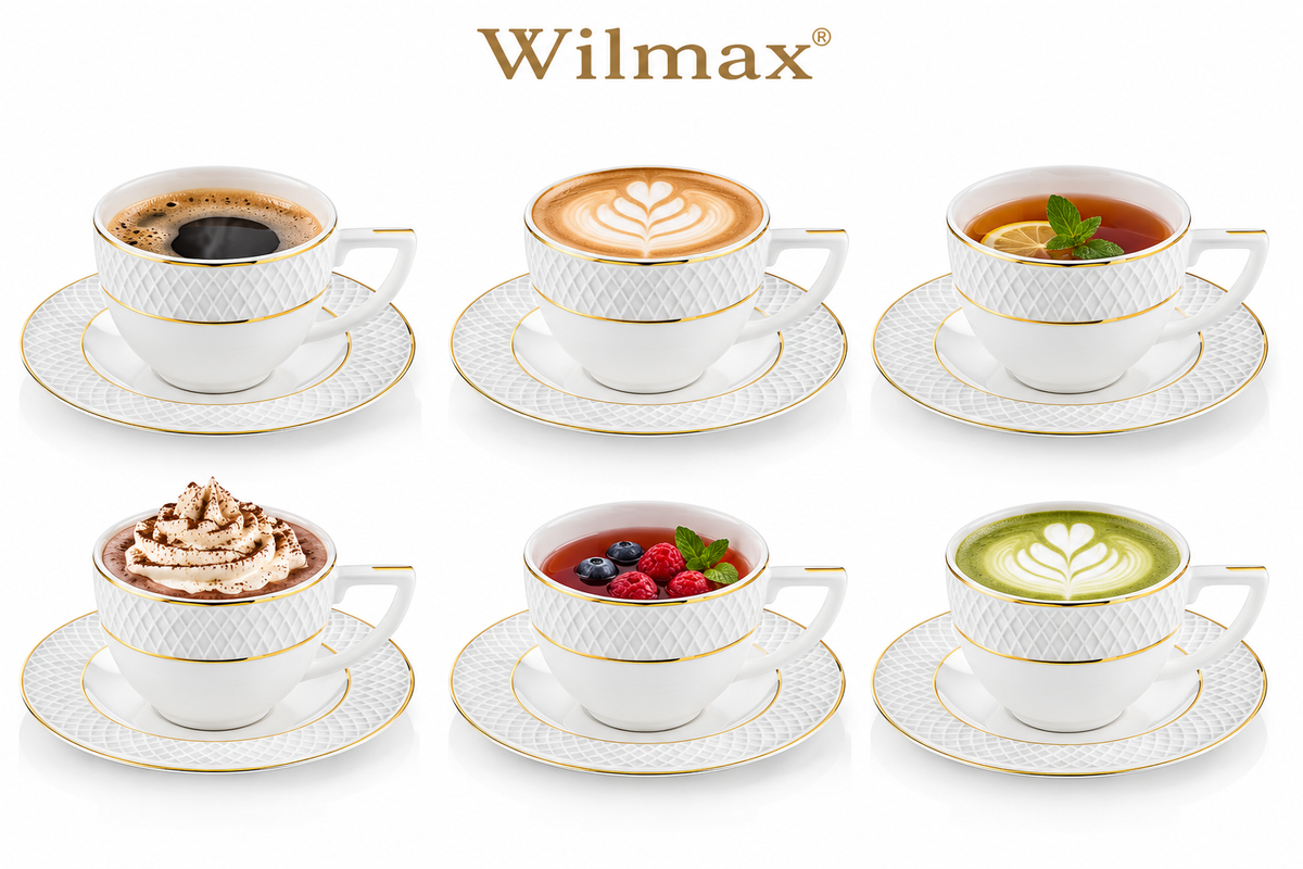 Wilmax Tasse mit Untertasse 240 ml 6er-Set Weiß mit goldfarbenem Dekor aus Porzellan