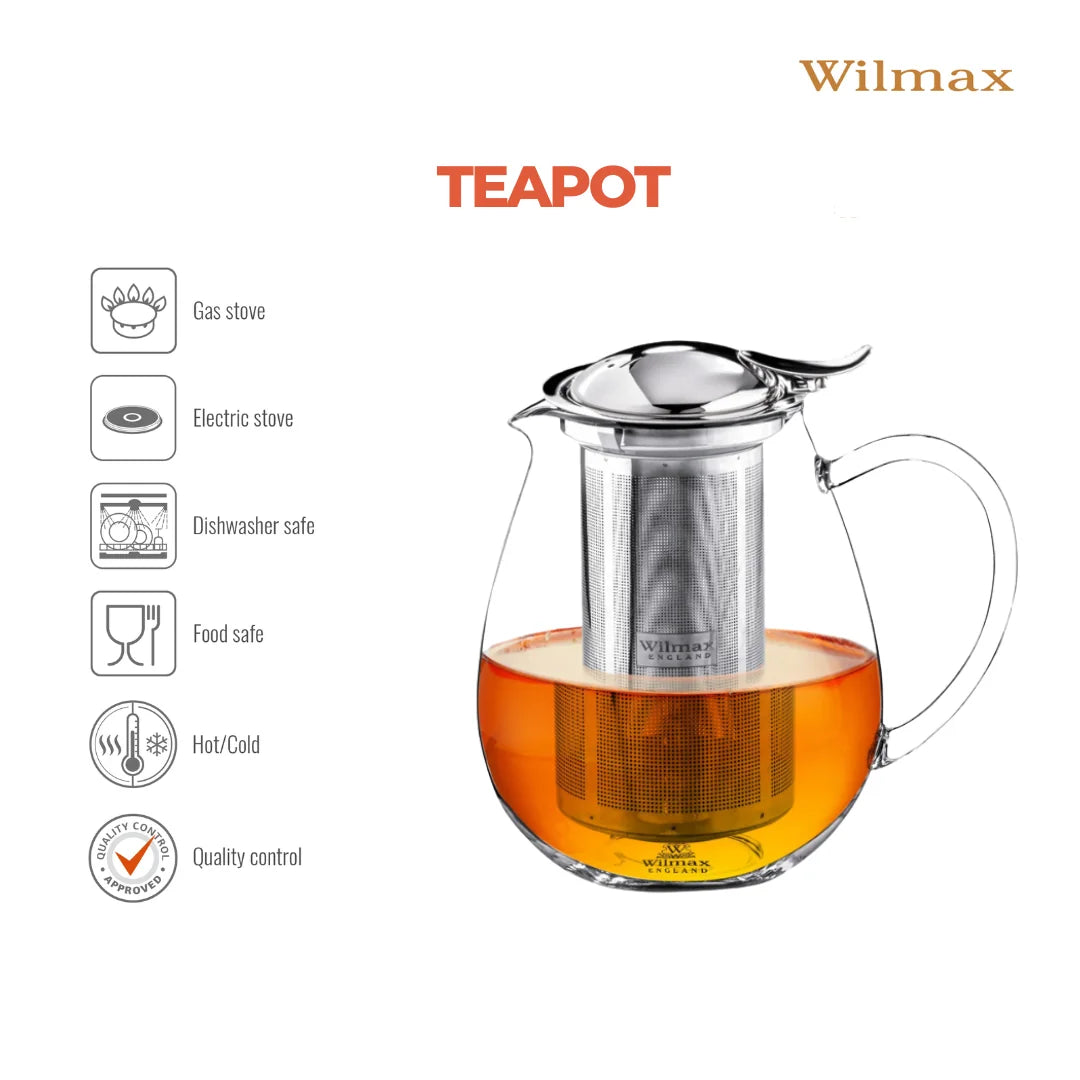 Wilmax Teekanne 850 ml mit Edelstahlfilter Transparent aus Thermoglas