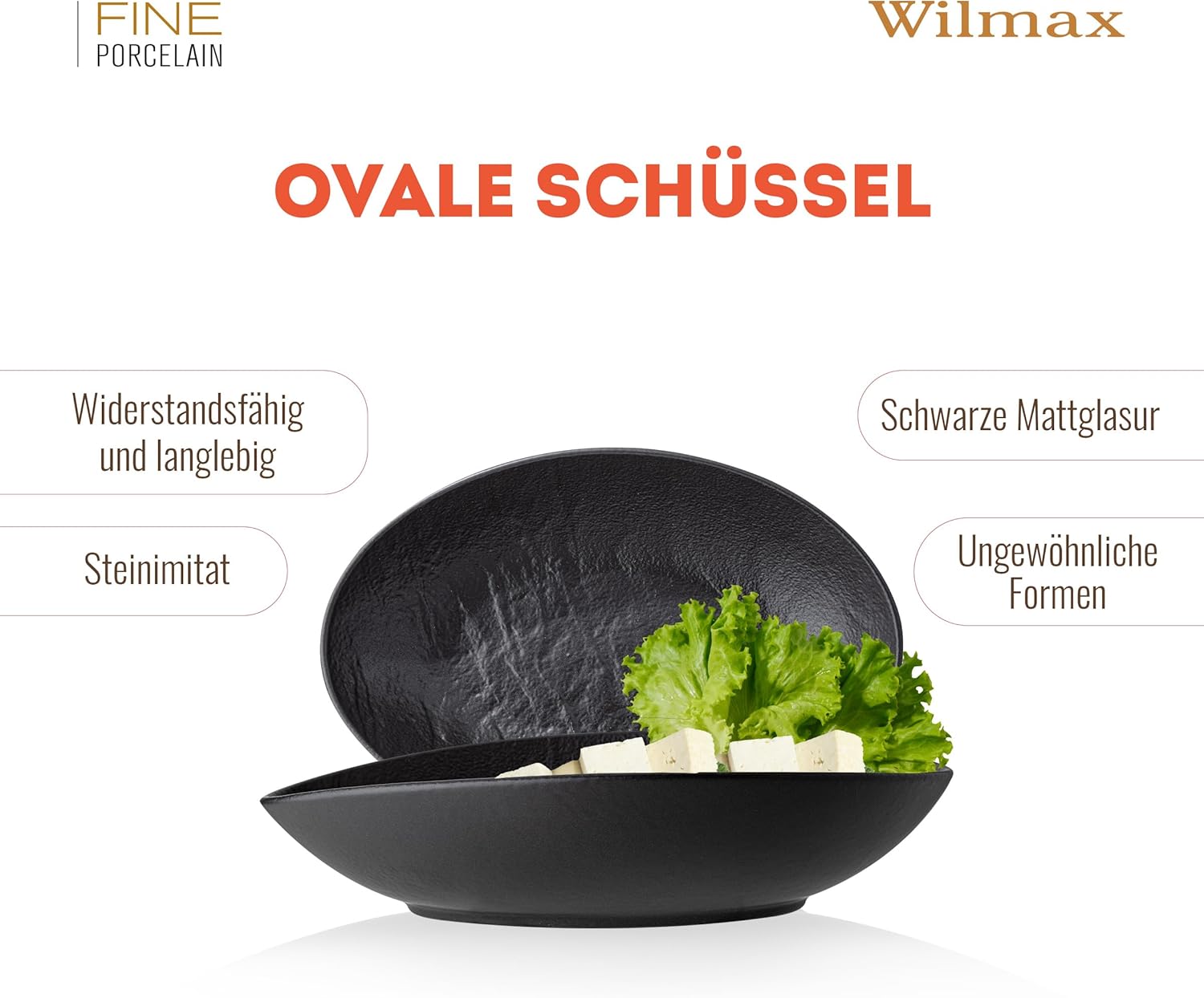 Wilmax Ovale Servierschale 25 × 16,5 × 6 cm 2er-Set Schwarz aus Porzellan