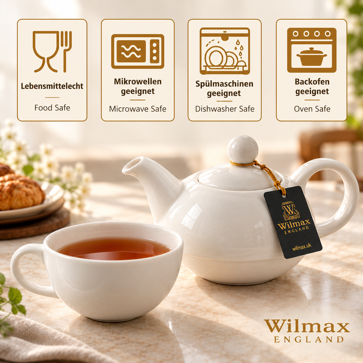 Wilmax Teekannen- und Tassen-Set 375 ml / 240 ml Weiß aus Porzellan