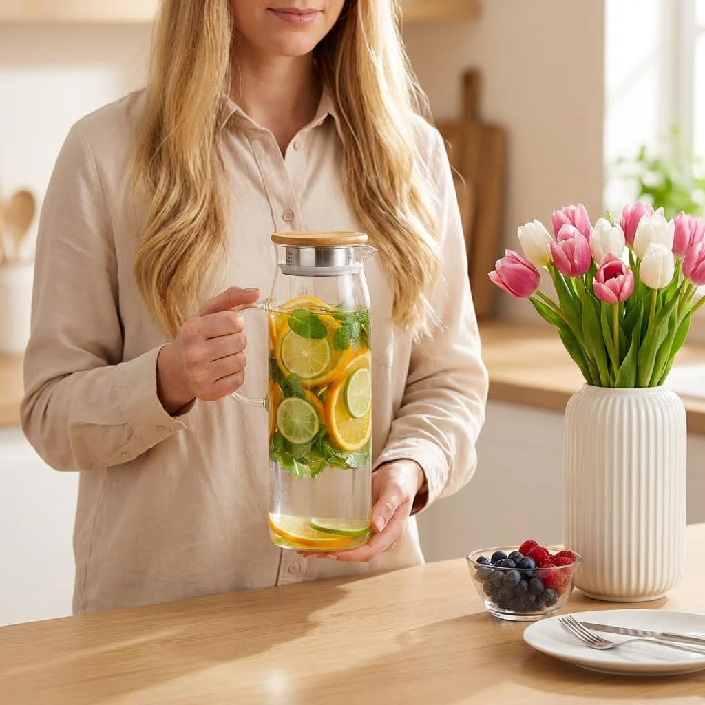 Wilmax Krug 1500 ml mit Bambusdeckel Transparent aus Thermoglas
