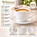 Wilmax Tasse mit Untertasse 240 ml 6er-Set Weiß aus Porzellan