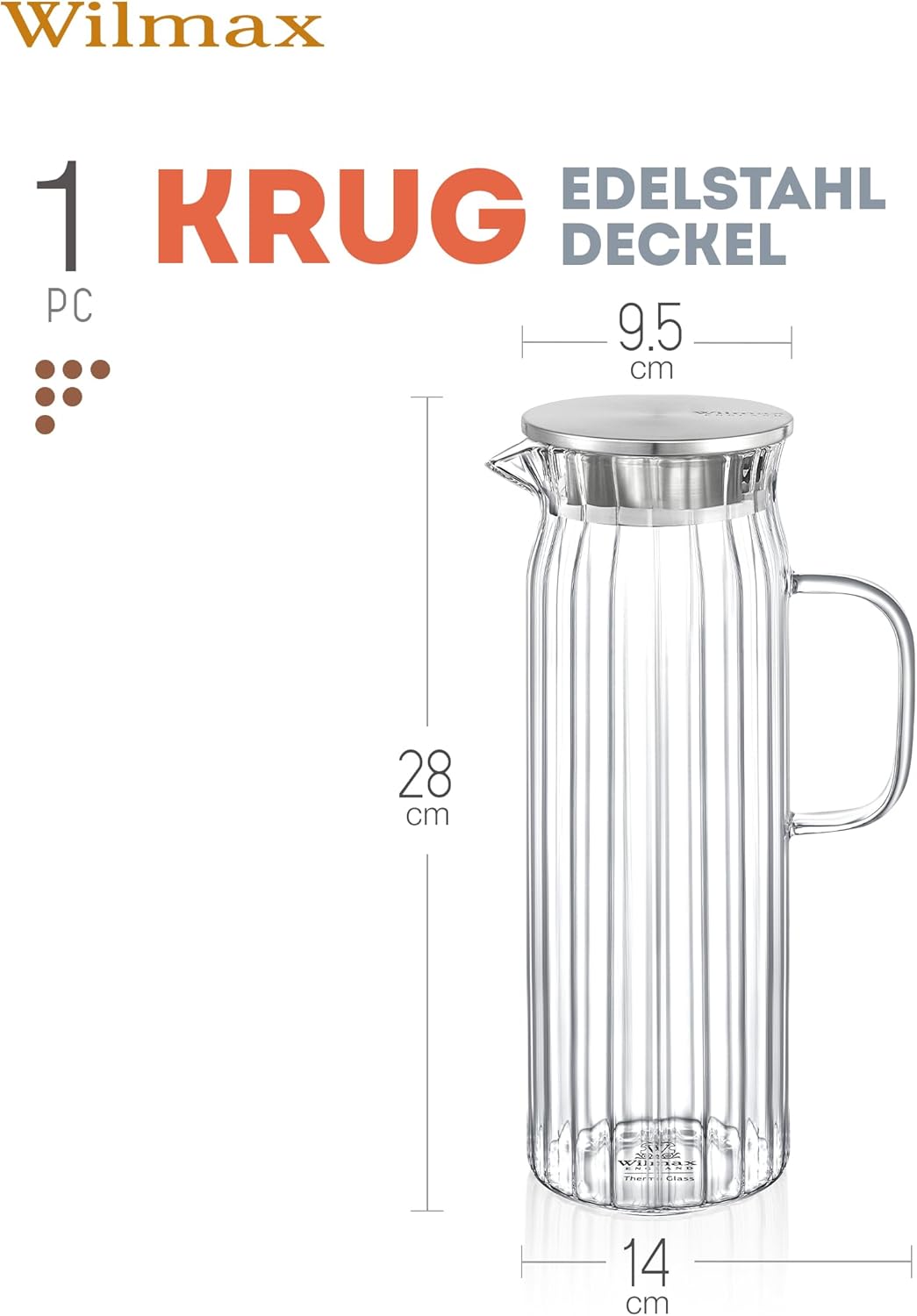 Wilmax Krug 1500 ml mit Edelstahldeckel Transparent aus Thermoglas