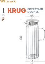 Wilmax Krug 1500 ml mit Edelstahldeckel Transparent aus Thermoglas