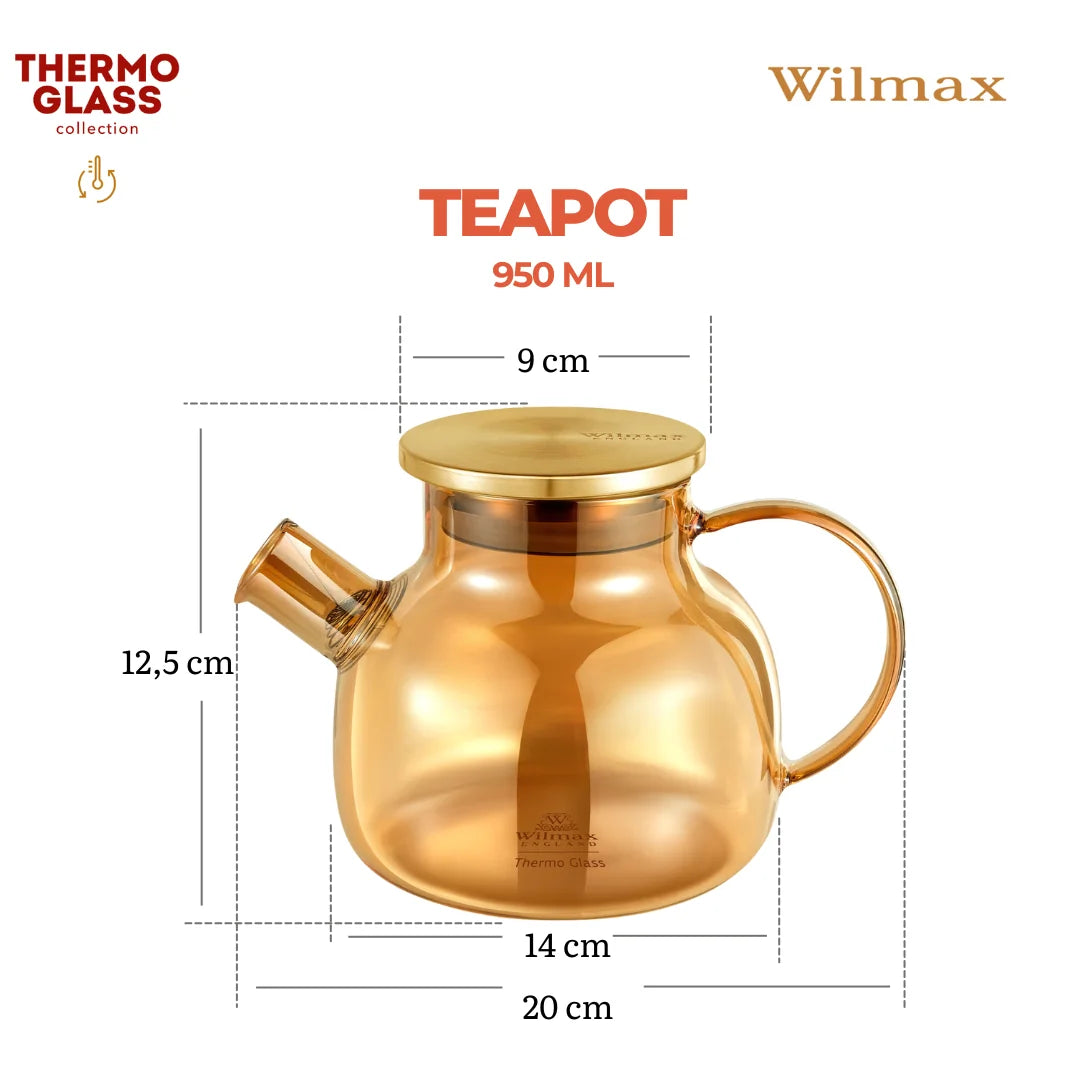 Wilmax Teekanne 950 ml  mit Federfilter und mit Edelstahldeckel Gold aus Thermoglas