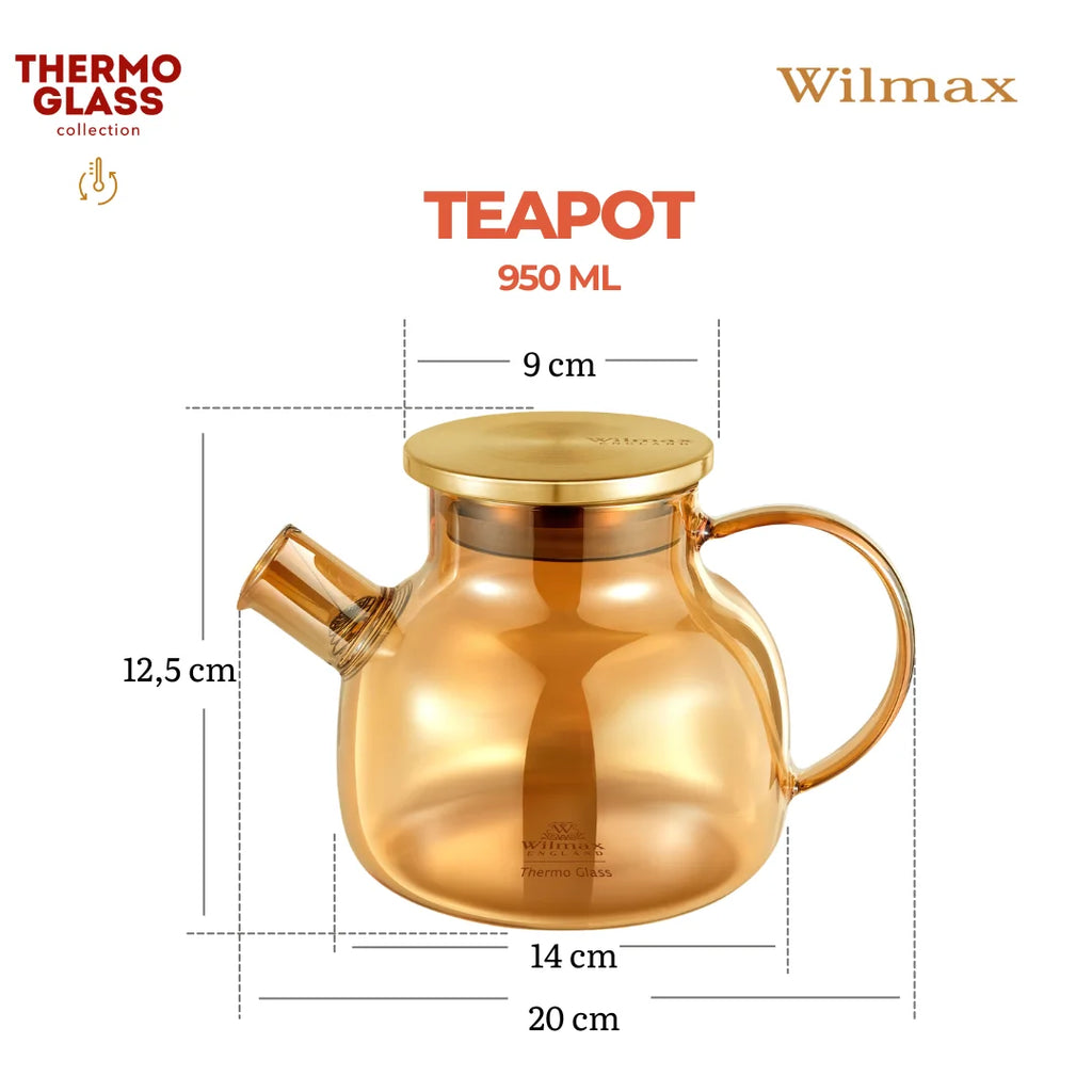 Wilmax Teekanne 950 ml  mit Federfilter und mit Edelstahldeckel Gold aus Thermoglas