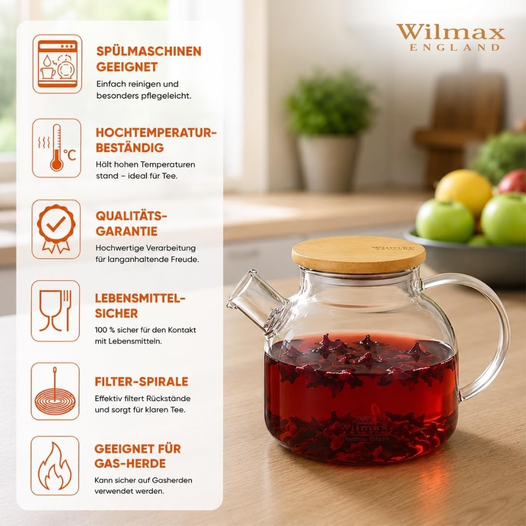 Wilmax Teekanne 1200 ml mit Bambusdeckel Transparent aus Thermoglas
