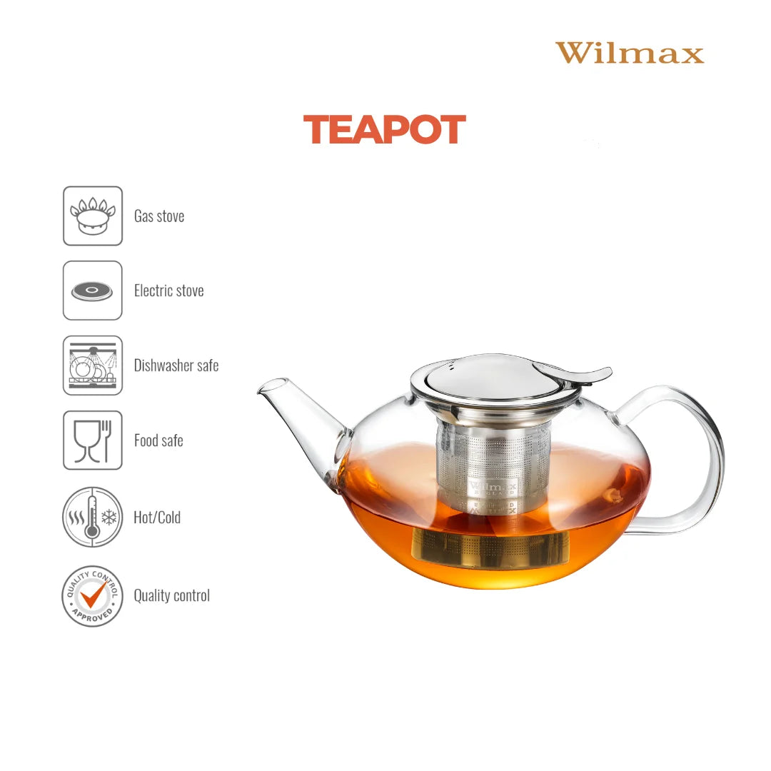 Wilmax Teekanne 650 ml mit Edelstahlfilter Transparent aus Thermoglas
