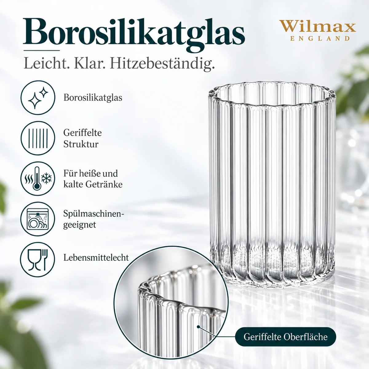 Wilmax Getränkeset 7-teilig mit Krug 1500 ml mit Edelstahldeckel und 6 Gläser 350 ml