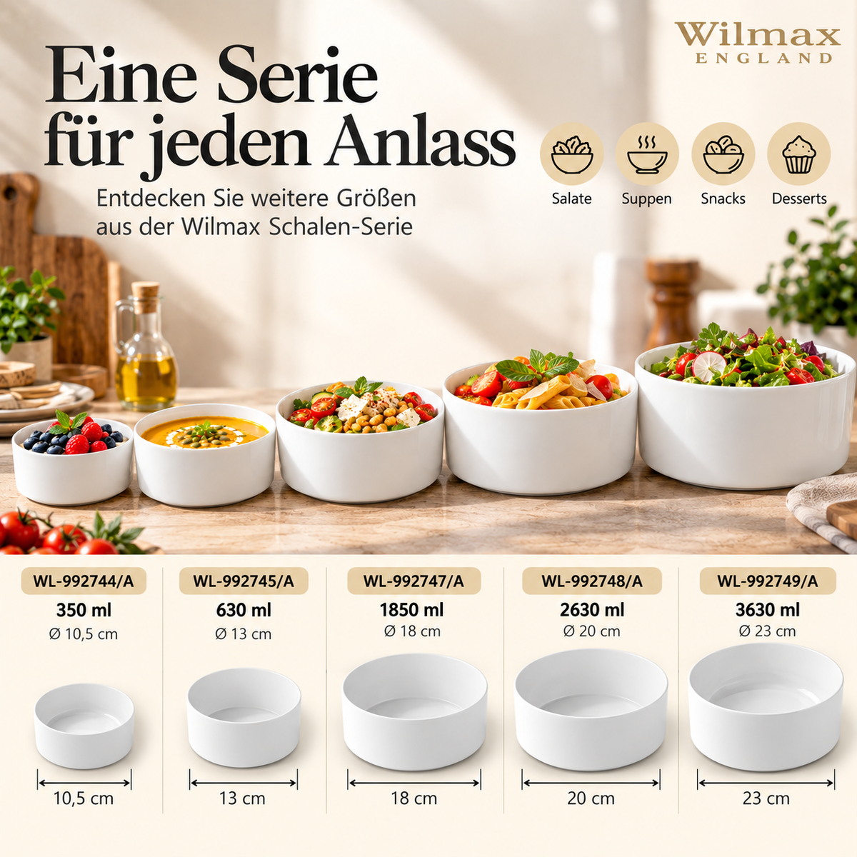 Wilmax Schale 630 ml 13 cm Weiß aus Porzellan