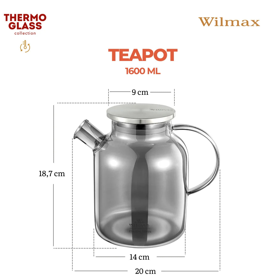 Wilmax Teekanne 1600 ml mit Federfilter und mit Edelstahldeckel Rauchgrau aus Thermoglas