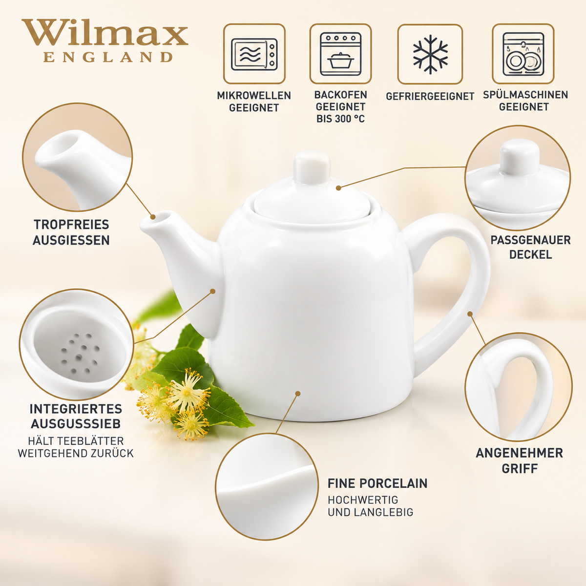 Wilmax Kaffee- und Teekanne mit integriertem Ausgusssieb 500 ml Weiß aus Porzellan