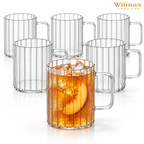 Wilmax Getränkeset 7-teilig mit Krug 1500 ml mit Edelstahldeckel und 6 hitzebeständige Glasbecher mit Henkel 400 ml aus Glas