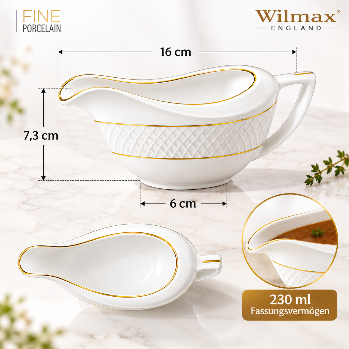 Wilmax Sauciere 230 ml Weiß mit Goldrand aus Porzellan