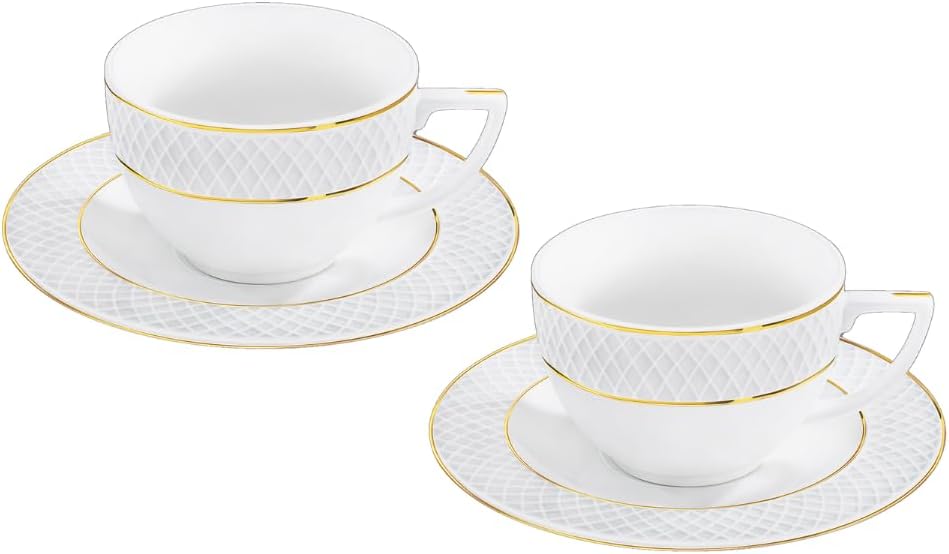Wilmax Cappuccinotasse mit Untertasse 170 ml 2er-Set Weiß mit goldfarbenem Dekor aus Porzellan