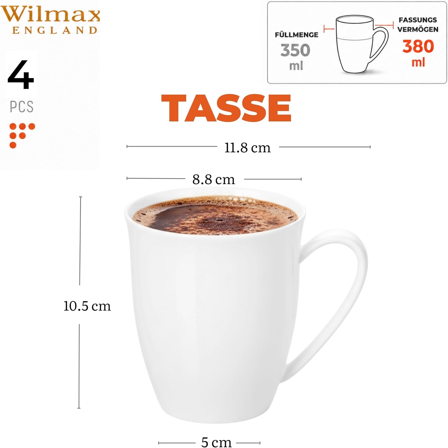Wilmax Tasse 380 ml 4er-Set Weiß aus Porzellan