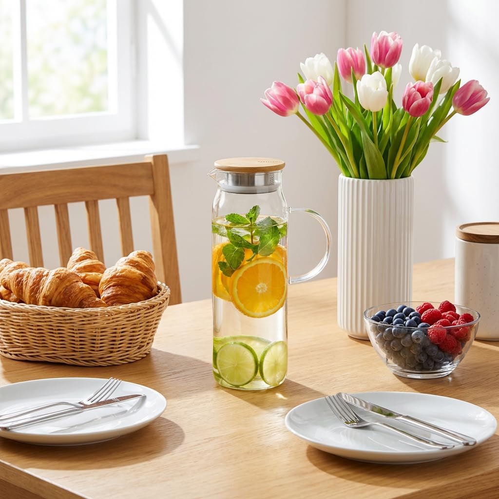 Wilmax Krug 1500 ml mit Bambusdeckel Transparent aus Thermoglas