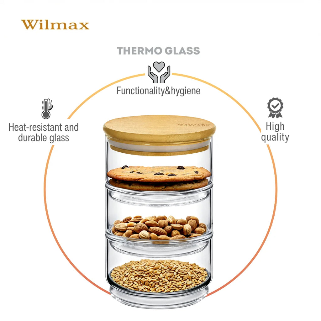 Wilmax Vorratsglas 3-stufig mit Bambusdeckel Transparent